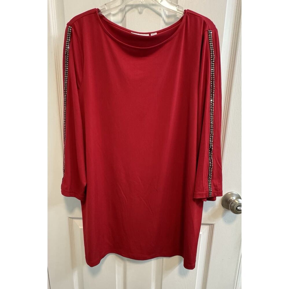 Susan Graver XL Red Top 3/4 Cut Out Sleeves Black Rhinestone Detail New